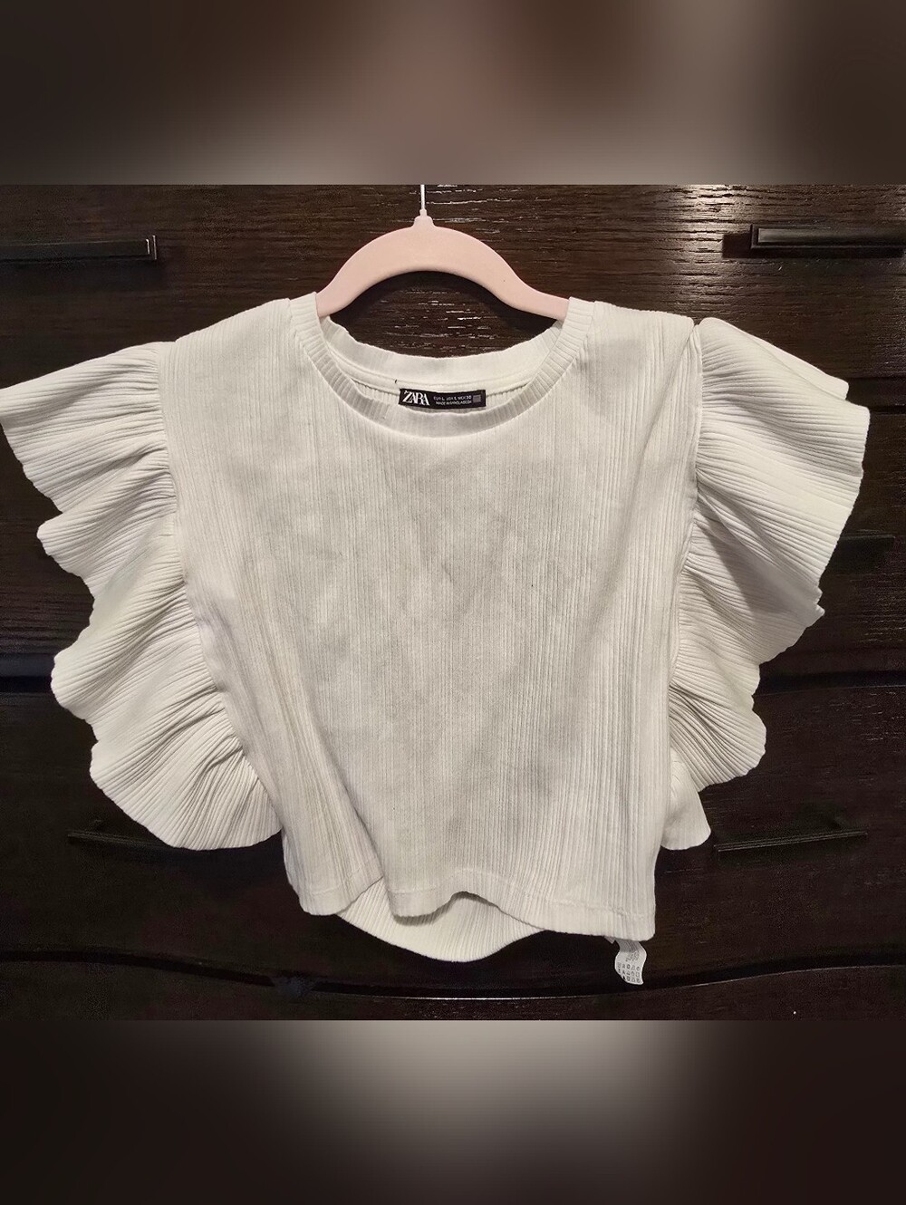 Zara Open Back White Ruffle Ribbed Tee Flutter Sleeves SZ LG